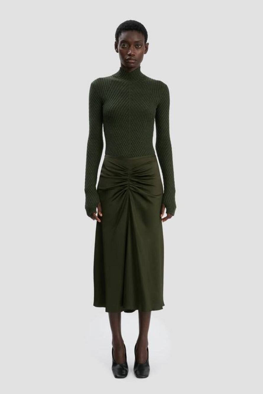 Victoria Beckham Gathered Waist Midi Skirt in Dark Olive UK 8 US 4